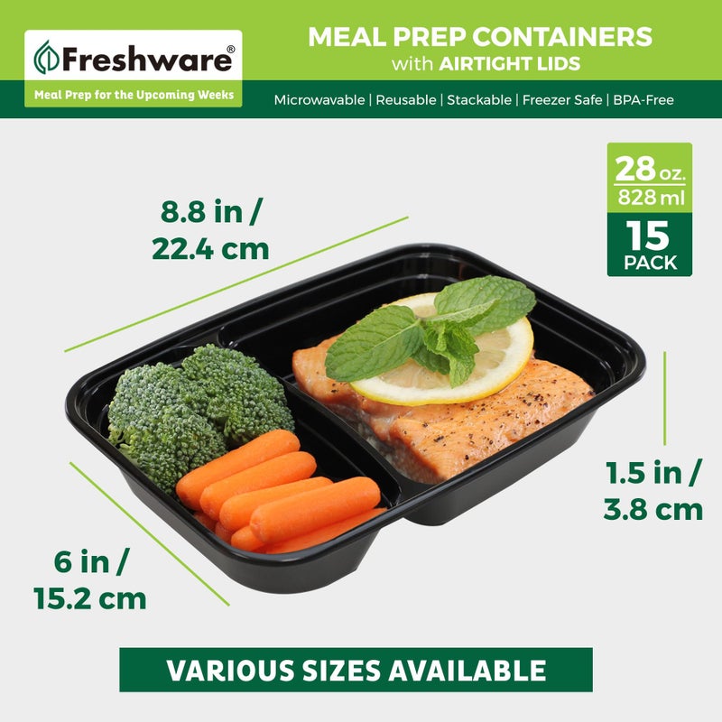 Freshware Meal Prep Containers [15 Pack] 2 Compartment with Lids, Food Storage Containers, Bento Box, BPA Free, Stackable, Microwave/Dishwasher/Freezer Safe (28 oz), Black - Image 4